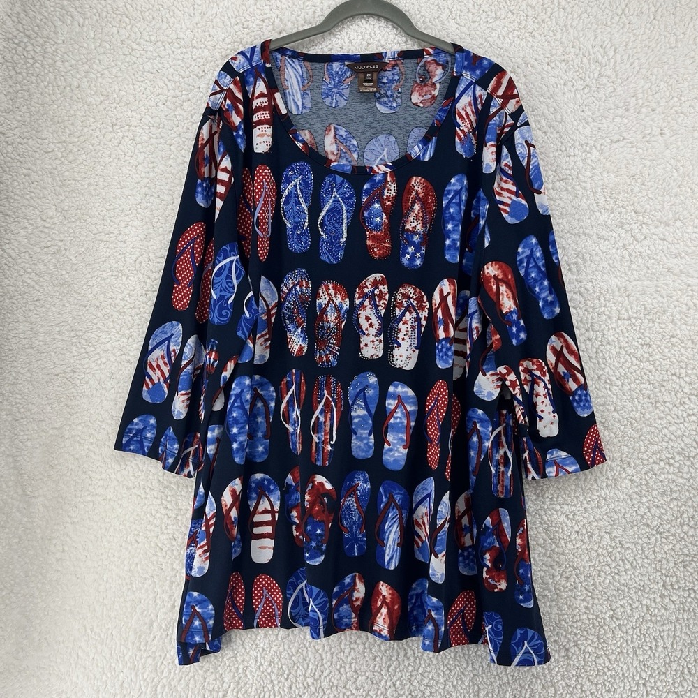 Multiples Tunic Top Shirt Woman's Plus 2X Red White Blue America 3/4 Sleeve